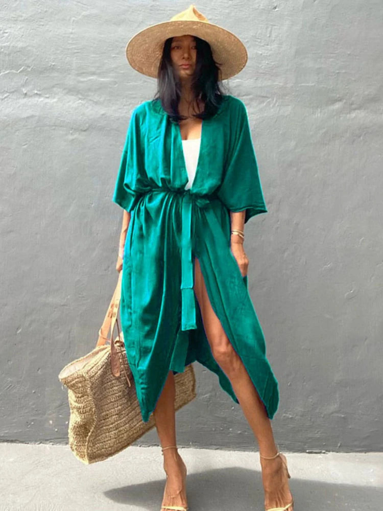 Beach Cover Up Kimono Women Summer 2022 New Pareo Swimsuit Cape Solid Bohemian Tunic Dresses Bathing Suits Dropshipping - Matrix Studios