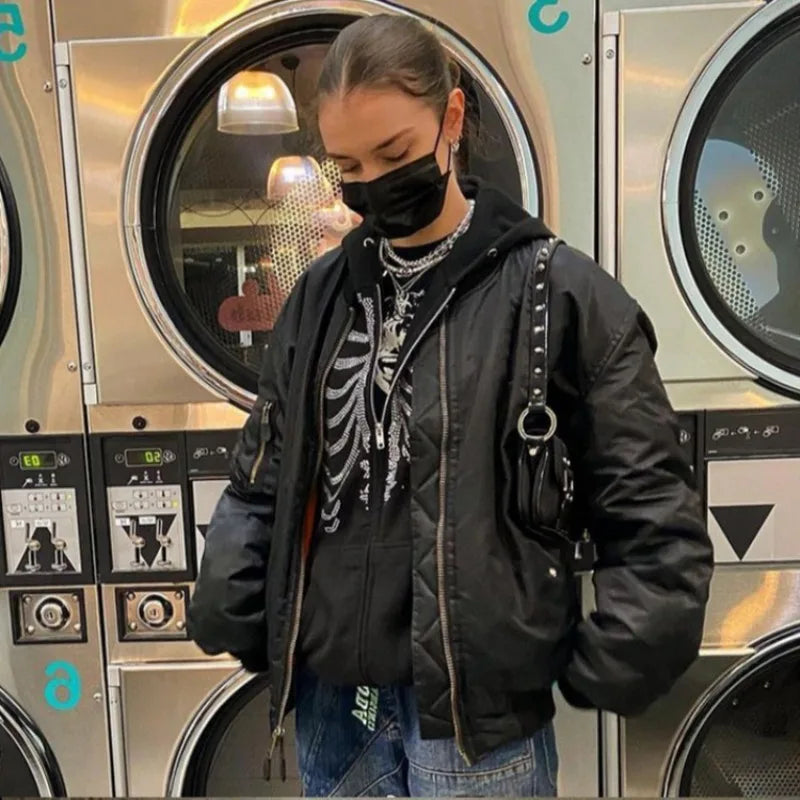 Y2K Rhinestone Skeleton Hoodies Women Gothic Black Zip Up Oversized Sweatshirts Female Retro Harajuku Hooded Jacket Streetwear - Matrix Studios