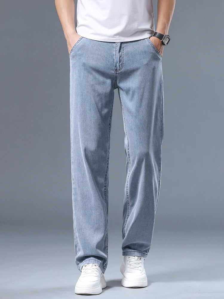 Summer Ultra-thin Men's Jeans Lyocell Soft Breathable Loose Straight Light Blue Denim Pants Business Casual Ice Silk Trousers - Matrix Studios