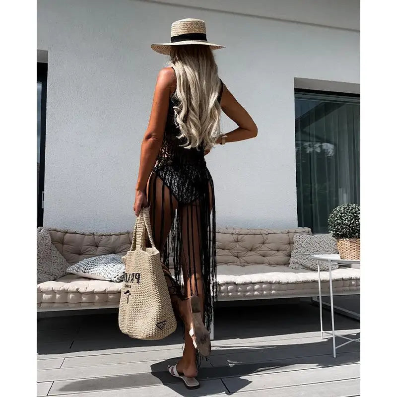 Beach Cover Ups for Swimwear Women Sexy Hand Hook Hollow Out Sunscreen Shirt with Long Tassel Beach Cover - Matrix Studios