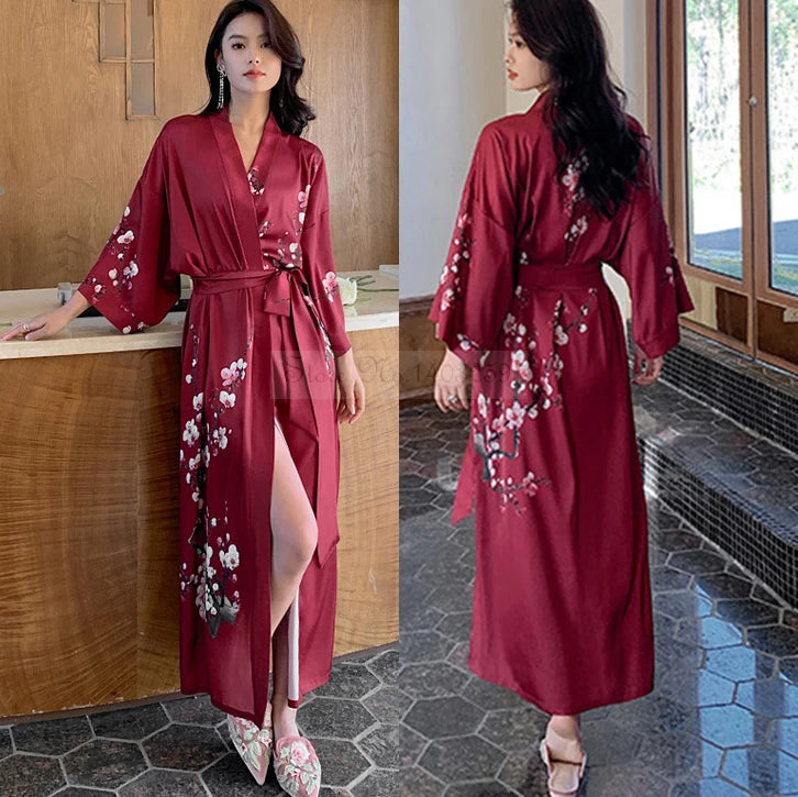Print Flower Long Kimono Bathrobe Gown Sexy Women Half Sleeve Wedding Robe Nightgown Spring Summer Rayon Home Dress Sleepwear - Matrix-studios.com
