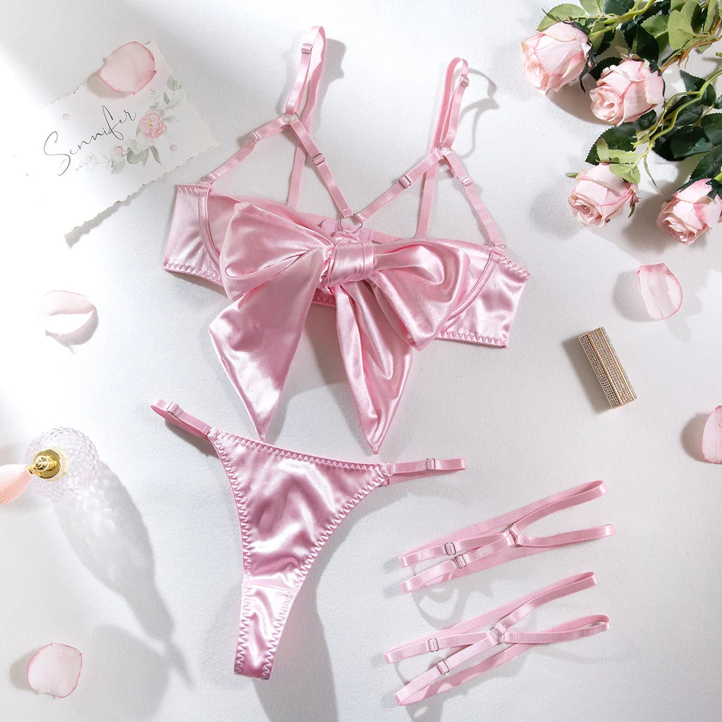 Sexy Solid Stain Lingerie Set Women's Hollow Out Bow Lace Up Exotic Apparel Suit Pure Desire Style Uniform Underwear Bra & Brief - Matrix-studios.com