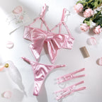Sexy Solid Stain Lingerie Set Women's Hollow Out Bow Lace Up Exotic Apparel Suit Pure Desire Style Uniform Underwear Bra & Brief - Matrix-studios.com