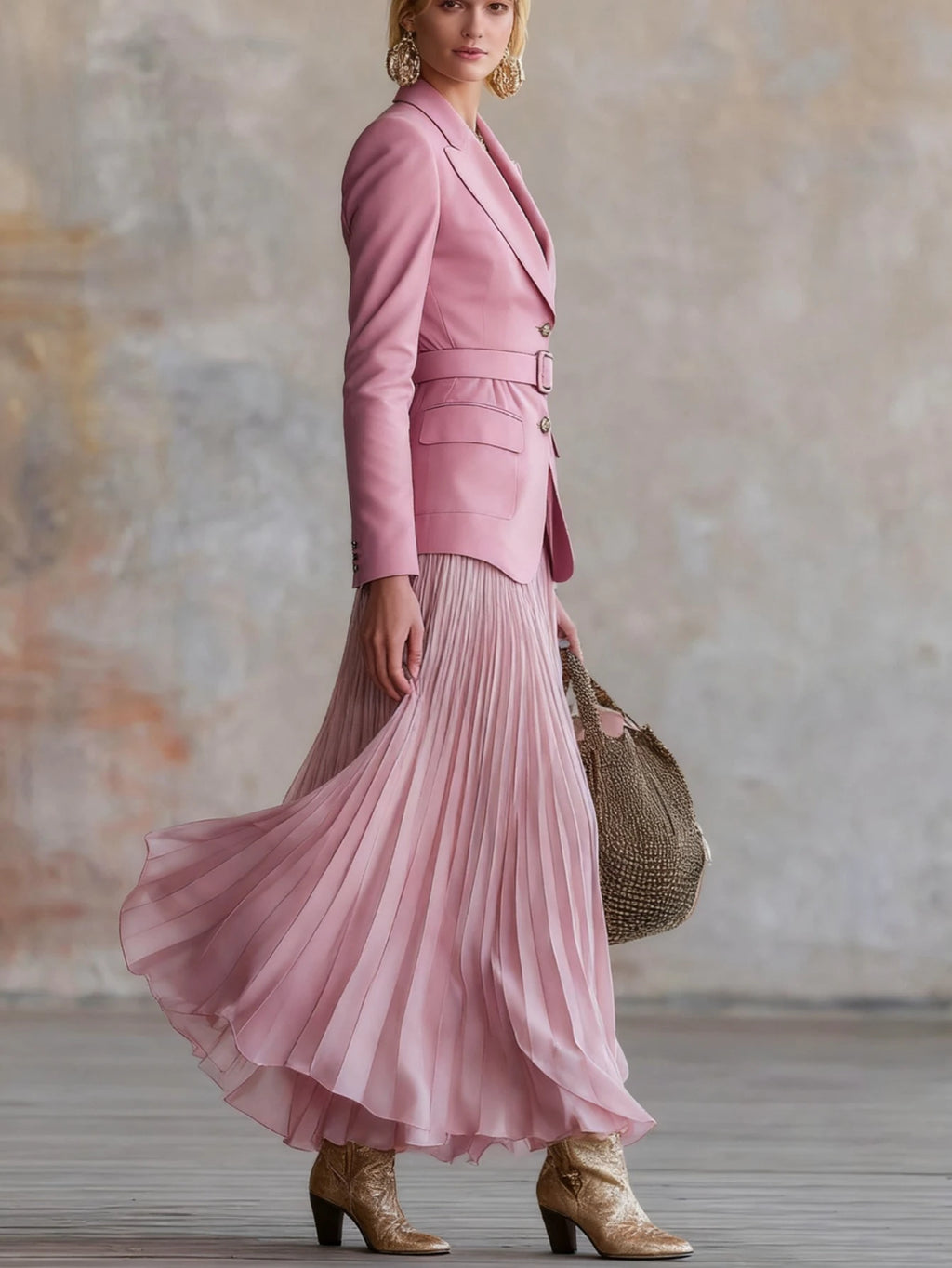 Women Two Piece Outfit Notched Lapel Long Sleeve Blazer With Matching Belt High Waist Pleated Maxi Skirt Formal Elegant Business Party Daily‑Wear Suit For Ladies