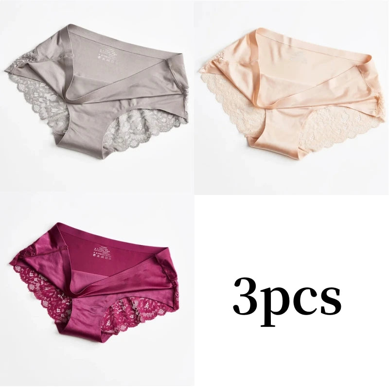 3pcs Lace Women's Panties French Seamless Underwear Female Ice Silk Briefs Solid Color Breathable Underpants Lingerie - Matrix Studios