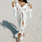 Fashion V Neck Summer Beach Cover Up Ruffled Long Sleeve Beach Dress Bathing Suit Loose Bikini Sunscreen Smock for Women - Matrix Studios