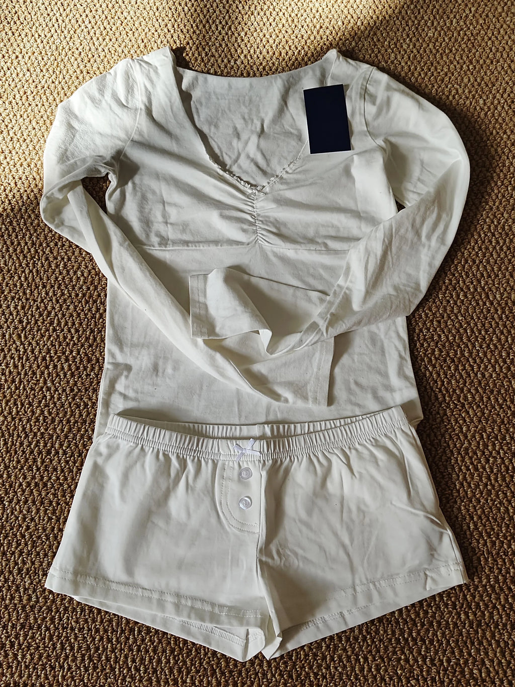 Eyelet Buttons White Long Sleeve T-shirt Shorts Set Woman Slim Tees+Elastic Straight Sweatshort Cotton Home Pajama 2 Piece Sets - Matrix-studios.com