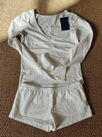 Eyelet Buttons White Long Sleeve T-shirt Shorts Set Woman Slim Tees+Elastic Straight Sweatshort Cotton Home Pajama 2 Piece Sets - Matrix-studios.com
