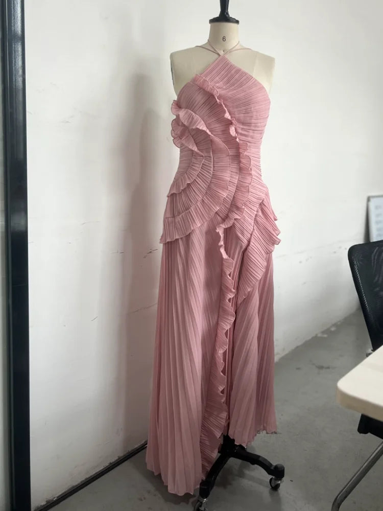 Chic pleated halter neck long vacation dress high quality purple strapless Lotus Edge Maxi Dress 2026 New Lady Vacation Gowns - Matrix-studios.com