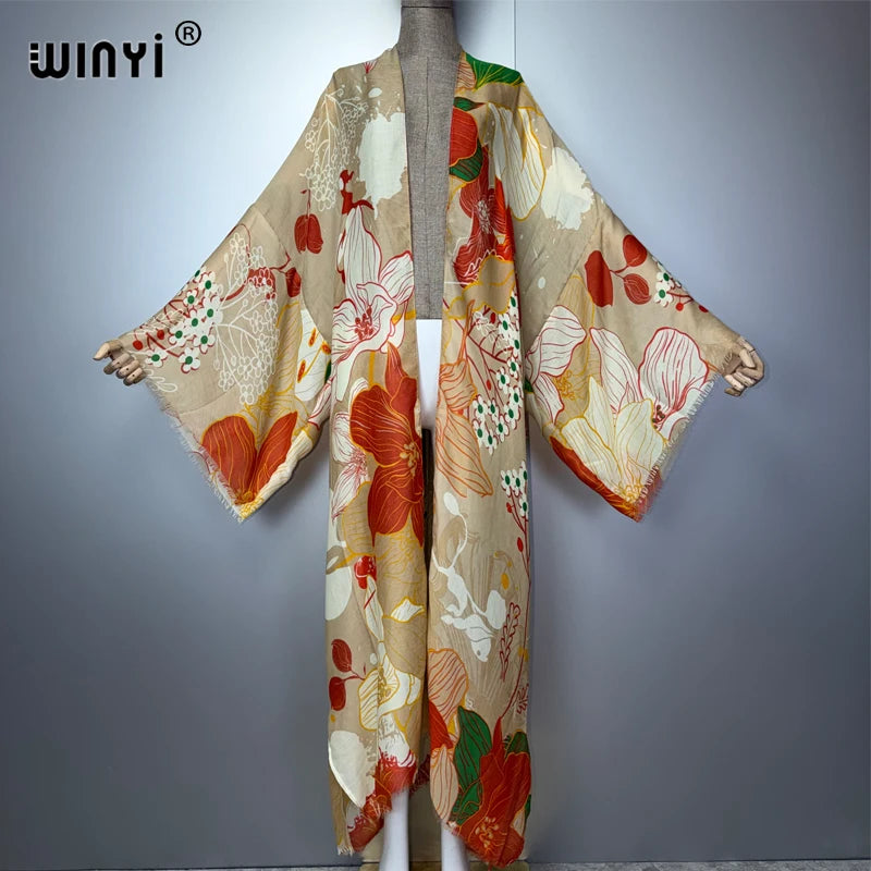 WINYI Africa Fashion Kimono Maxi Dress Beach Cover Up Cardigan Boho Coat Print Caftan Beach Outfits Women Abaya Dubai Luxury - Matrix Studios
