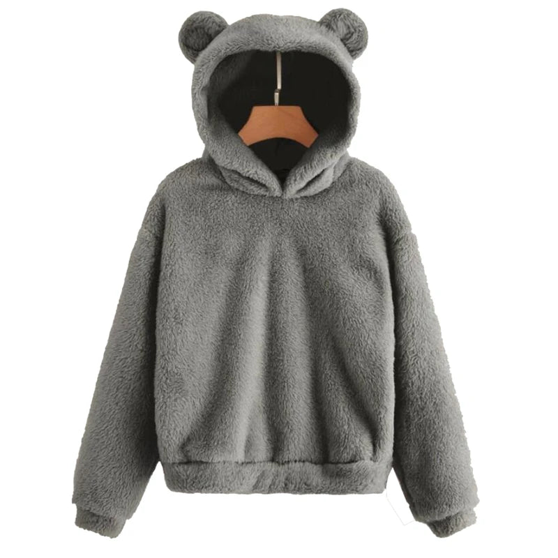 Winter Korean Fashion Bear Ears Cute Loose Hoodie Fluffy Hooded Warm Sweatshirt Long Sleeve Top Solid Pullover Clothes For Women - Matrix Studios