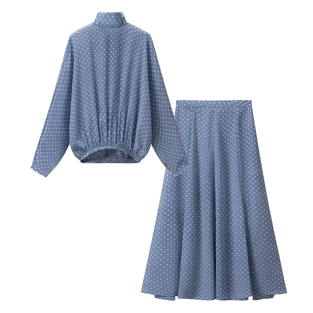 KONDALA Vintage Polka Dot Women Sets Chiffon Bow Tie Loose Blouses Loose Long Skirts Fashion 2026 Spring Summer Holiday Suits - Matrix-studios.com