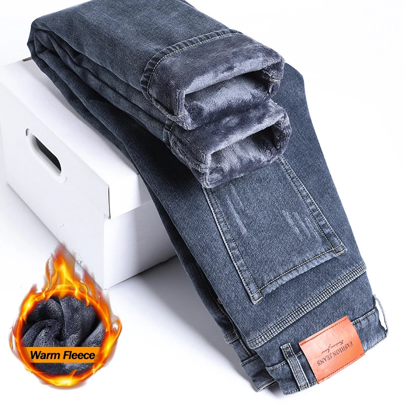 2025 Winter Fleece Jeans Men's Fashion Elastic Slim Straight Warm Trousers Thicken Business Casual Korean Thermal Denim Pants - Matrix Studios