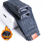 2025 Winter Fleece Jeans Men's Fashion Elastic Slim Straight Warm Trousers Thicken Business Casual Korean Thermal Denim Pants - Matrix Studios