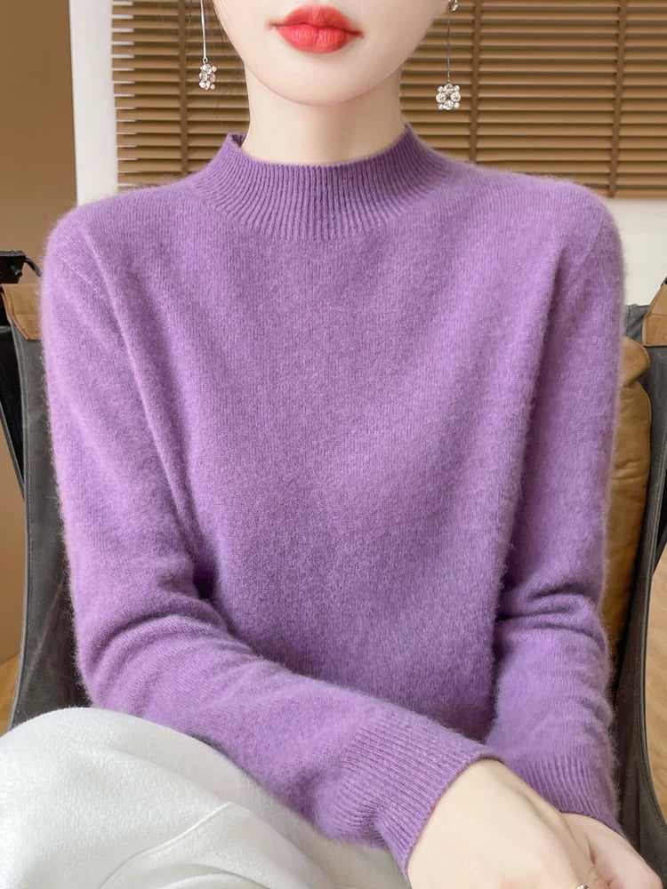 Fashion 100% Wool Sweater Women's Mock-Neck Knitwear Cashmere Pullovers Autumn Winter Long Sleeve Jumpers Clothing Tops - Matrix Studios