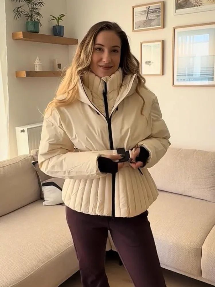 Women's Chic White Hooded Ski Jumpsuit with Waist Belt Warm Snowproof One-Piece Snow Wear Winter Sports Fashion Lady Snowsuit - Matrix Studios