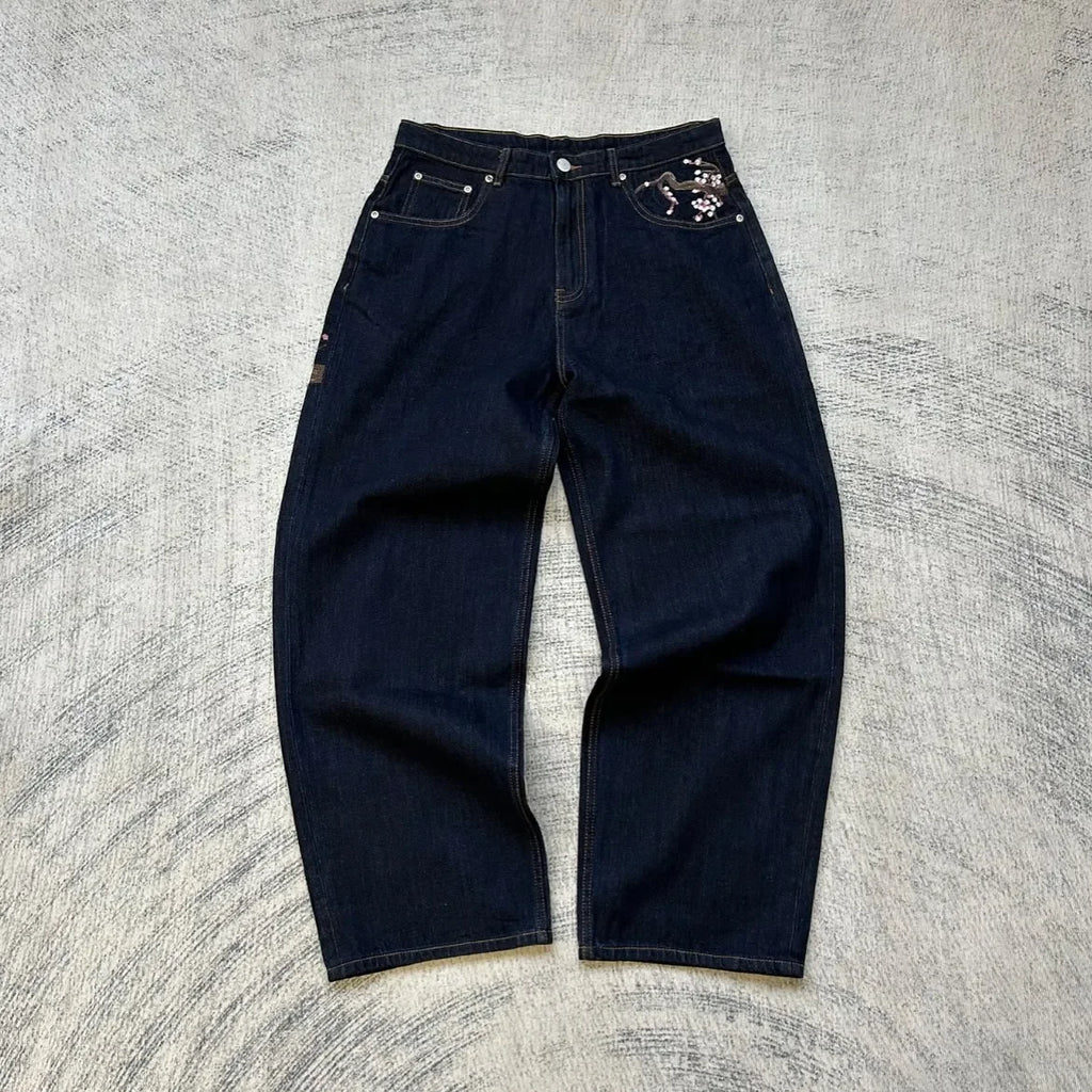 Y2K Vintage Low Waist Hip Hop Cherry Blossom Embroidered Jeans  Wide Leg Trousers Clothes Mens Embroidered Baggy Jeans Womes - Matrix Studios
