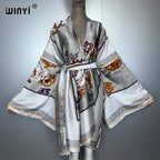 WINYI Bohemian Print Kimono Beach Outfits Women Swim Suit Cover Up Maxi Cardigan Stitch Self Belt Holiday Long Sleeve Print Coat - Matrix Studios