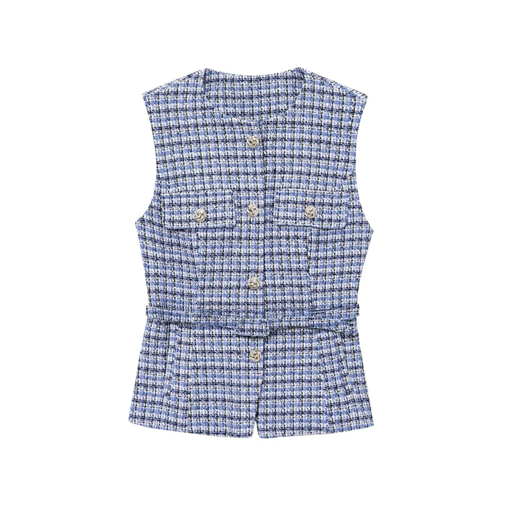 Women's Tweed Waistcoat with Belt, O Neck, Sleeveless, Front Button, Female Outerwear, Chic Tops, Fashion - Matrix Studios