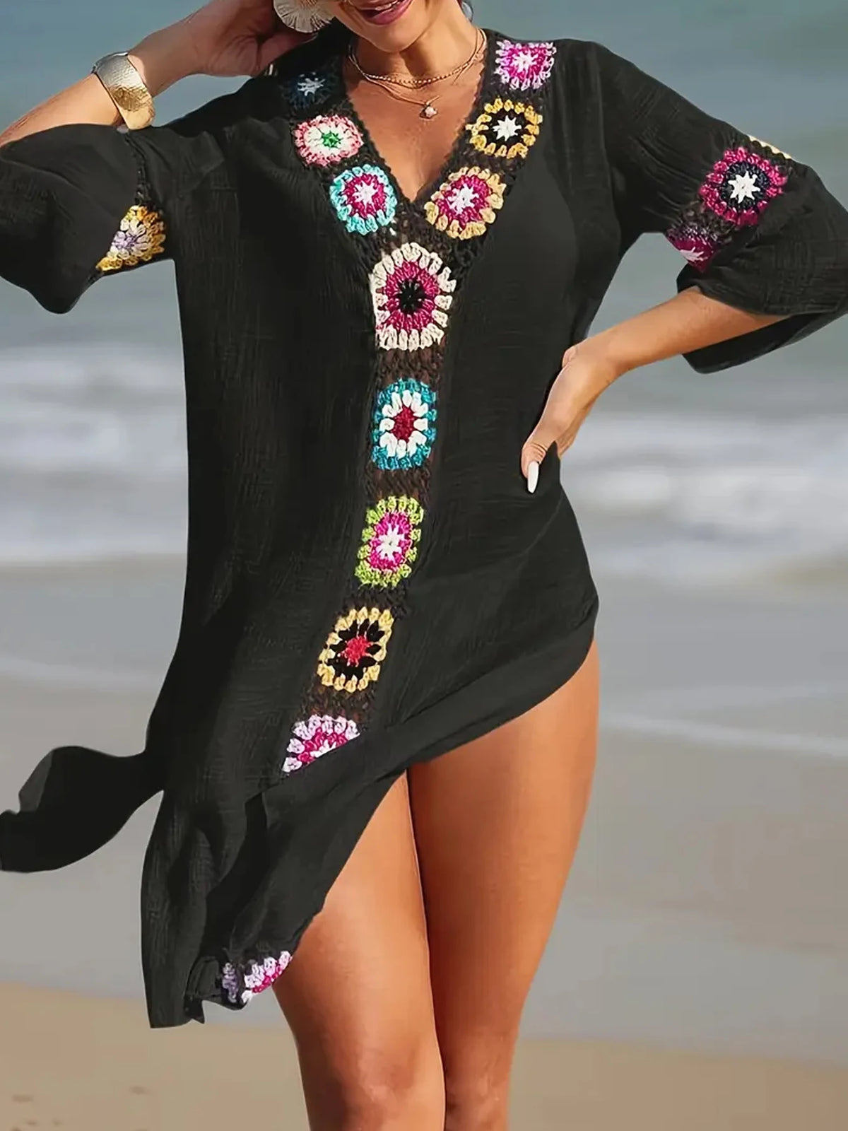 Fashion Style Hand Crochet Flower Block Beachwear Cover Up Beach Holiday Casual See-Through Dress Breathable Sunscreen Smock - Matrix Studios