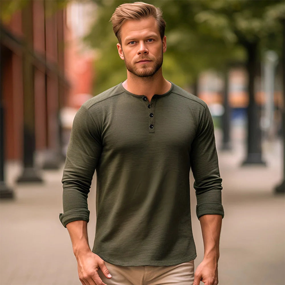 Men Long Sleeved T-shirt Cotton Slim Fit Bottoming Shirt Fitness Tops Tees Button Neck Casual Cozy Tshirt - Matrix Studios