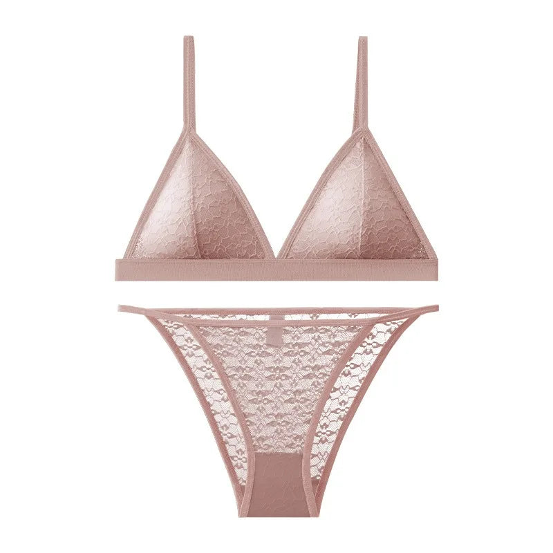 Women Triangle Bra and Panties Set Sheer Floral Lace Bralette Low-Rise Briefs Sexy Lingerie Set Removable Pads Ladies Underwear - Matrix-studios.com