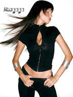 Ahagaga Sexy Women's Sets Short Sleeves Hollow Out Skinny Zipper Basic 2Pcs (Tops+Long Pants) High Street Turtleneck Reacksuits - Matrix-studios.com