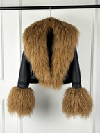 2025 Winter Women Warm Faux Leather Sheepskin Coat Female Zipper Slim Streetwear Moto Biker Jacket Large Real Wool Fur Collar - Matrix Studios