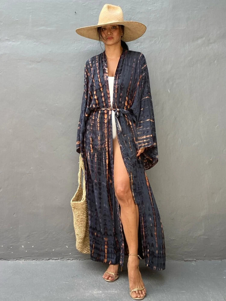 Bikini Cover Up Tie Dye Printed Swimsuit Cape Pareo Bohemian Beach Kimono Dresses Self Belted Bathing Suits Dropshipping - Matrix Studios