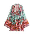 Happie Queens Vintage Peacock Floral Print Sashes Bohemian Kimono Women  V Neck Batwing Sleeves Short Robe Boho Bikini Cover-ups - Matrix Studios