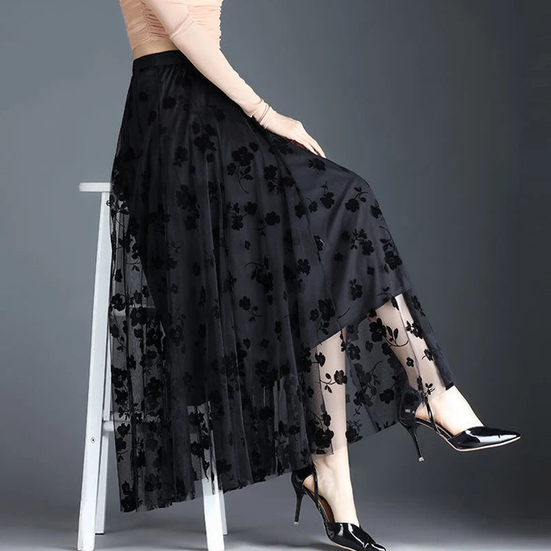 Korean Women Tulle Skirt Fashion Summer Hook Floral Loose Midi Skirt Elegant Female Casual All Match Mesh Skirts New - Matrix-studios.com
