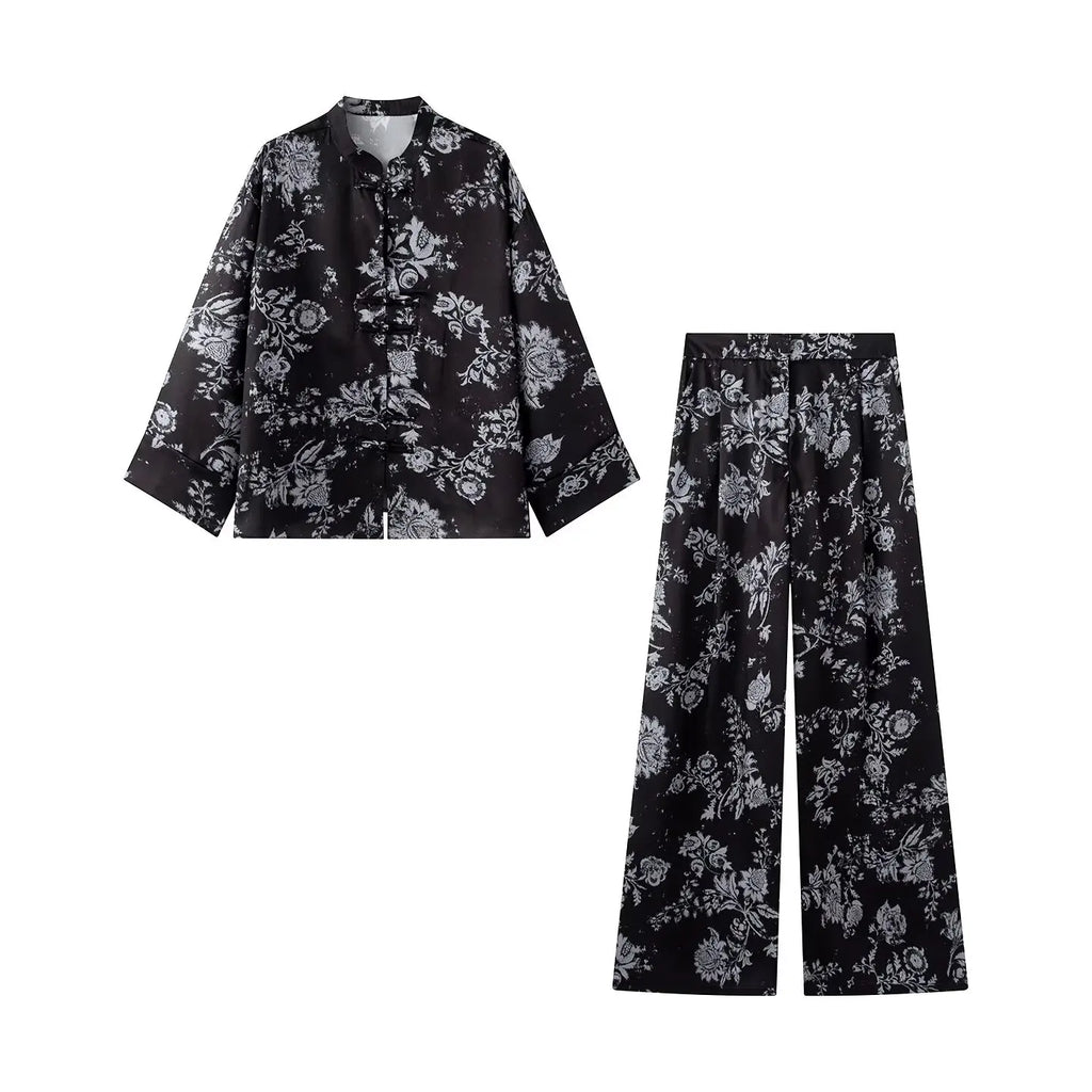 Women Yellow Floral Printing 2-Piece Set Women Stand Collar Long Sleeve Shirt + High Waist Wide Leg Pants Loose Lady Suit
