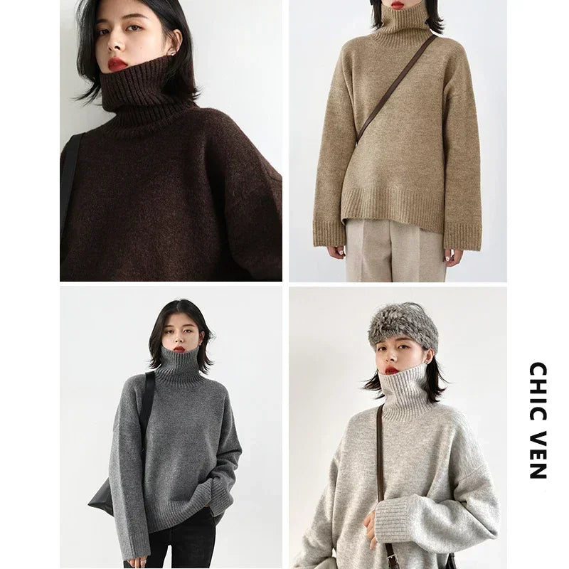 CHIC VEN Korean Women's Sweater Loose Turtleneck Sweaters Warm Solid Pullover Knitwear Basic Female Tops Autumn Winter 2022 - Matrix Studios