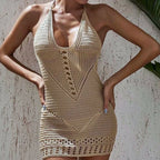 Sexy Knitted Backless Tie Up Short Dress Fashion Hollow Out Swimsuit Cover Up Women Beach Vacation U-Collar Sunscreen Dress - Matrix Studios