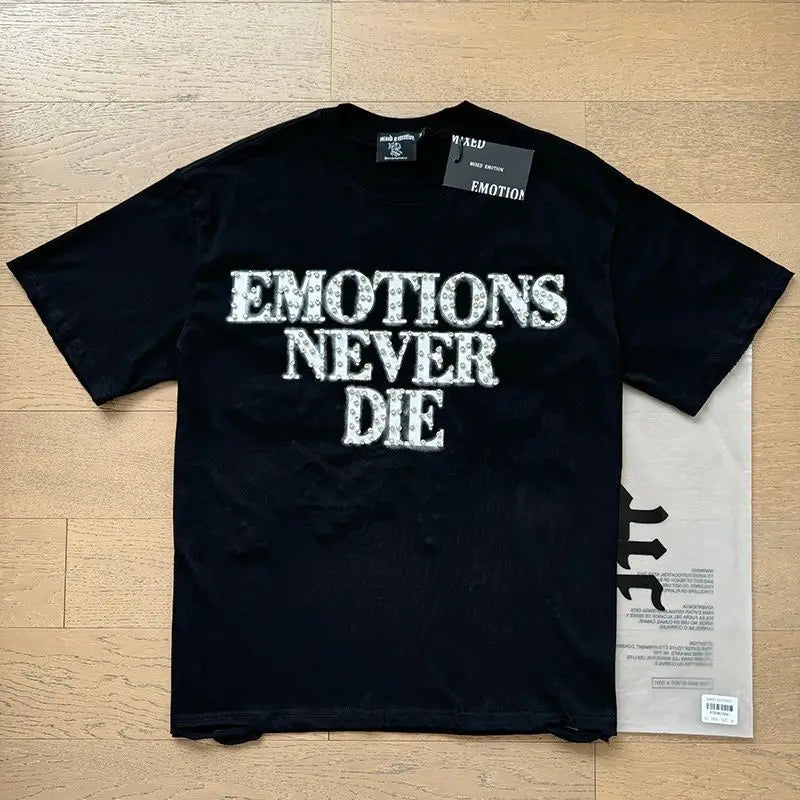 MIXED EMOTION Shirt Rhinestone Short Sleeve Men Women T-shirt Streetwear 100% Cotton Loose Round Neck Top Tees Oversized Tee Top - Matrix Studios
