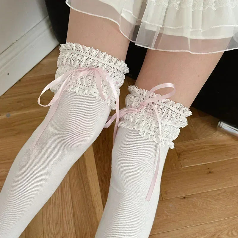 Lolita Over Knee-high Socks Cotton Sweet Lace Bow Ribbon Kawaii Calf-length Socks Thigh-high Stockings JK Cosplay Accessories - Matrix Studios