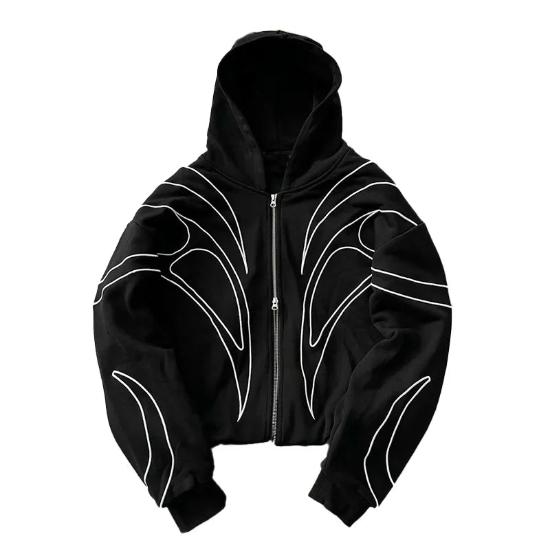 Street Retro Fashion Clothing Striped Embroidered Black Double Zipper Hoodie American Hip-hop Punk Oversized Sweatshirt Women - Matrix Studios
