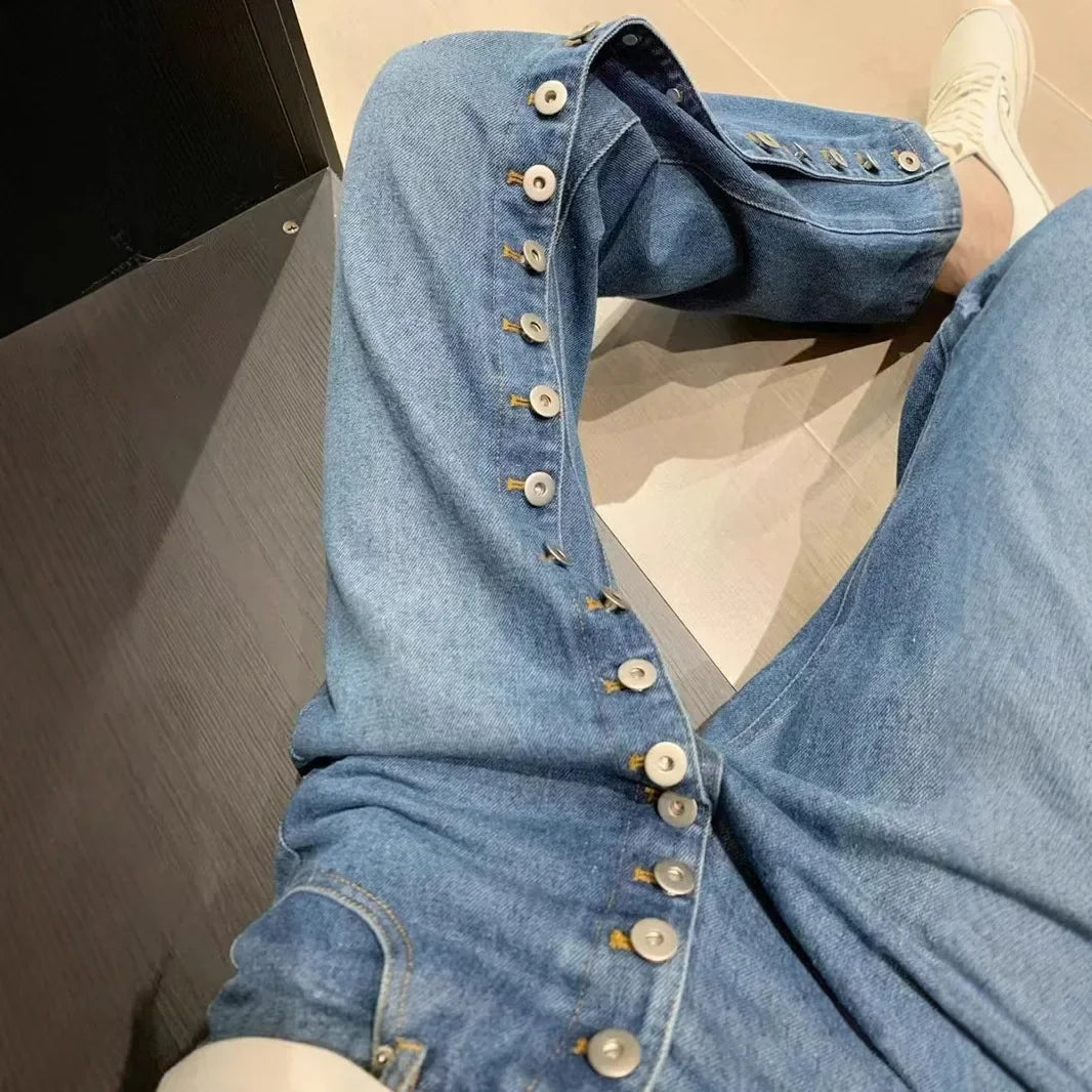 American high street breasted design straight jeans women's autumn and winter new high waist design fashion loose slim pants. - Matrix-studios.com
