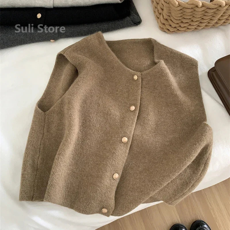 Women Sweater Vest Gold Button Up Waistcoat Soft Knitted Sleeveless Cardigan Jacket Top Fall Winter Korean Ladies Chic Outfit - Matrix Studios