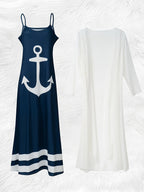 Casual Navy Blue and White Anchor Print Long Sleeve Dress Set for Women Fashion Summer Fall Outfit Matching Two Piece - Matrix-studios.com