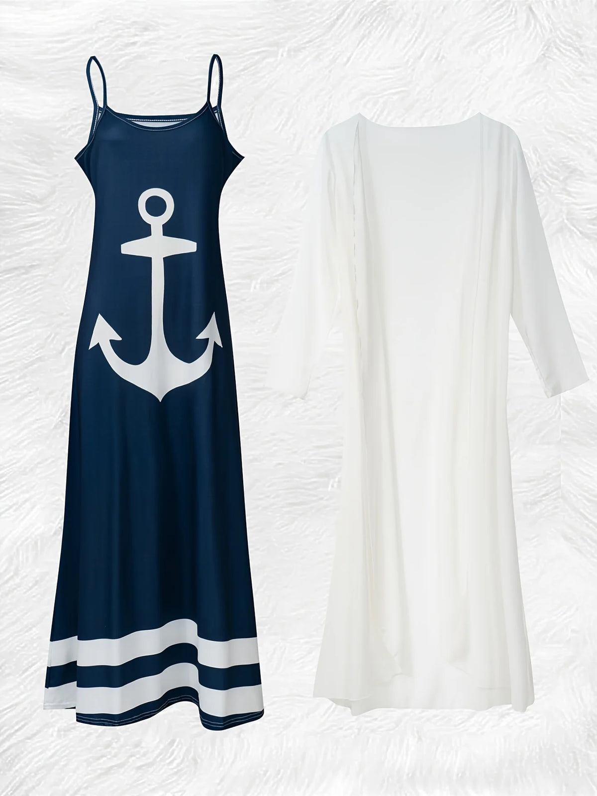 Casual Navy Blue and White Anchor Print Long Sleeve Dress Set for Women Fashion Summer Fall Outfit Matching Two Piece - Matrix-studios.com