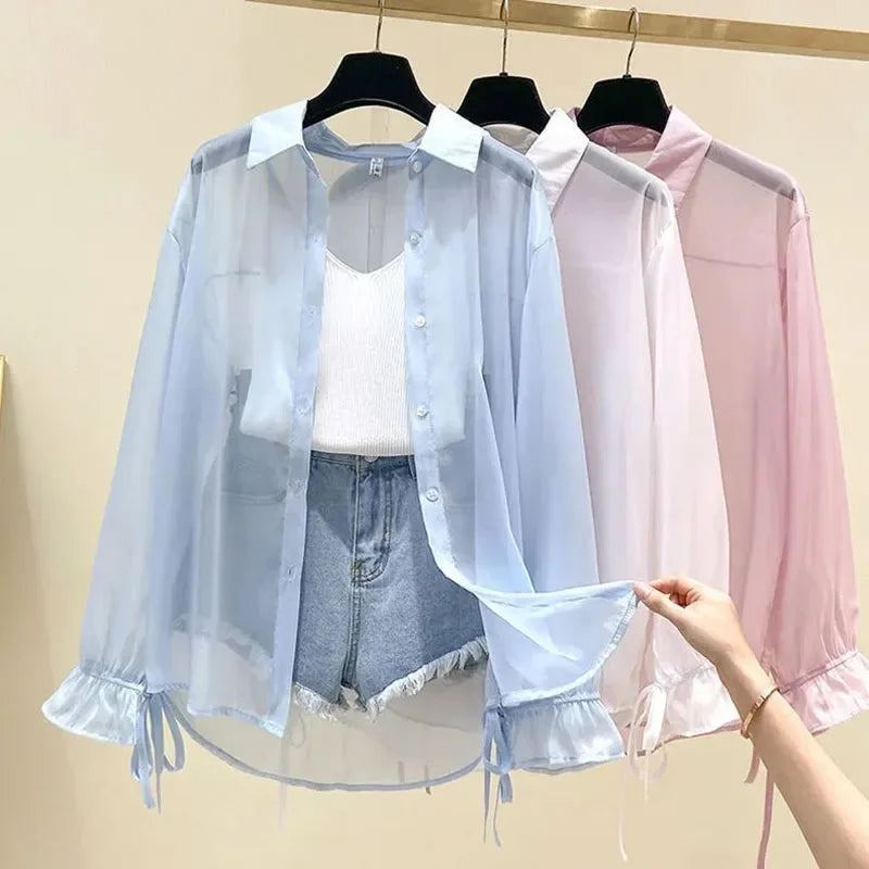 Smvp Chiffon Blouses for Women Summer Thin Loose Button-Up Sunscreen Shirt Woman Korean Fashion Bow Lace-up Long Sleeve Shirts - Matrix-studios.com