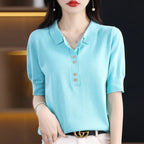 Women's T-shirt Summer 100% Cotton Sweater Short Sleeve Casual Knitwear POLO Collar Ladies' Tops Loose Pullover Tees Buttons - Matrix-studios.com