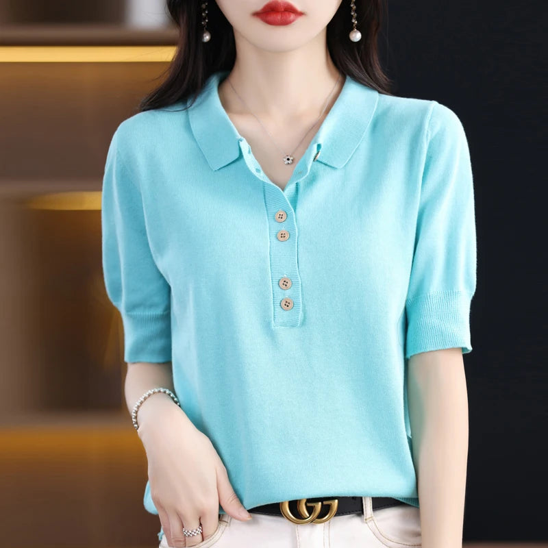 Women's T-shirt Summer 100% Cotton Sweater Short Sleeve Casual Knitwear POLO Collar Ladies' Tops Loose Pullover Tees Buttons - Matrix-studios.com