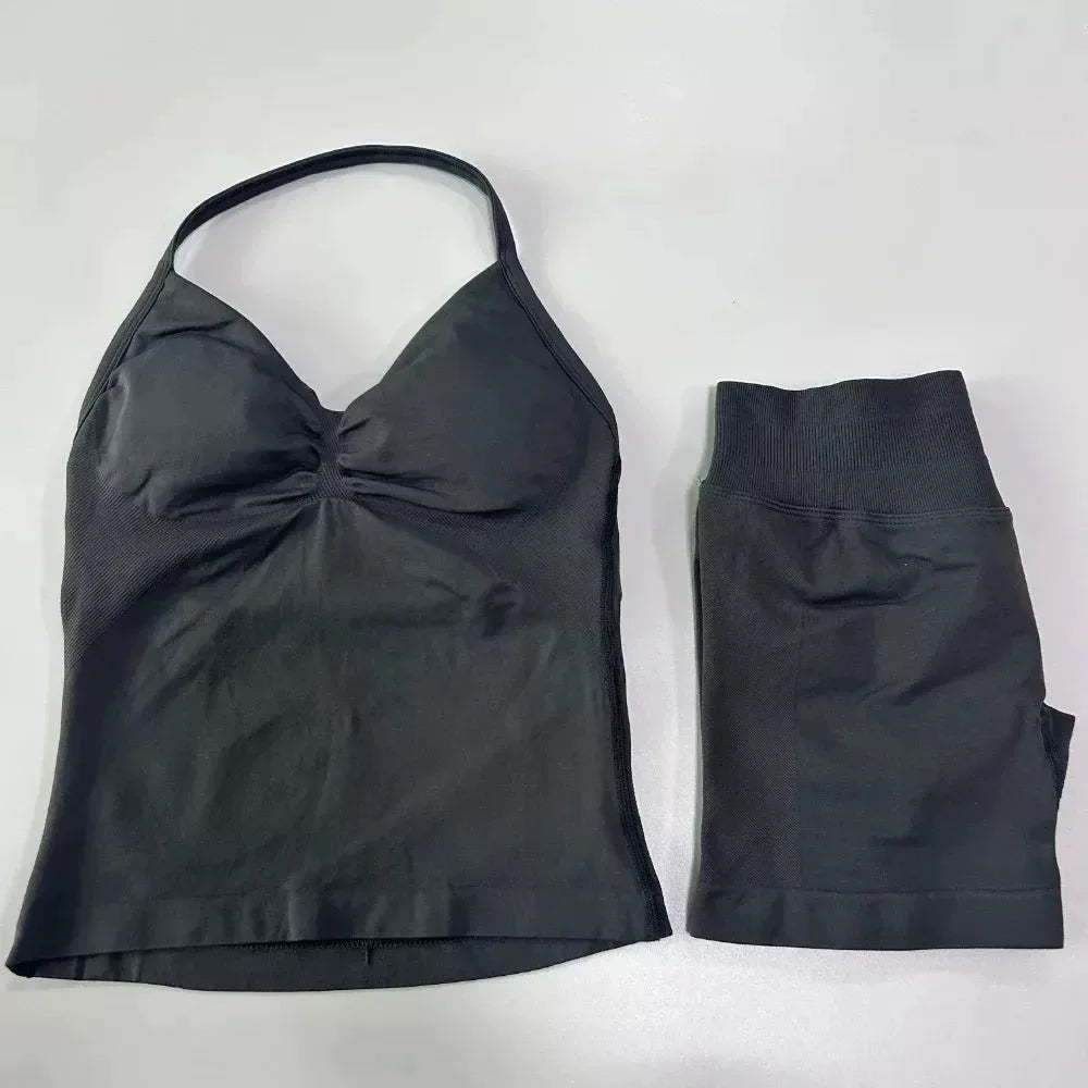 Sexy Halter Neck Beautiful Back High Waist Peach Sports Bras Shorts Suit Pilates Gathering Yoga Vest Training Fitness Bra Sets - Matrix-studios.com