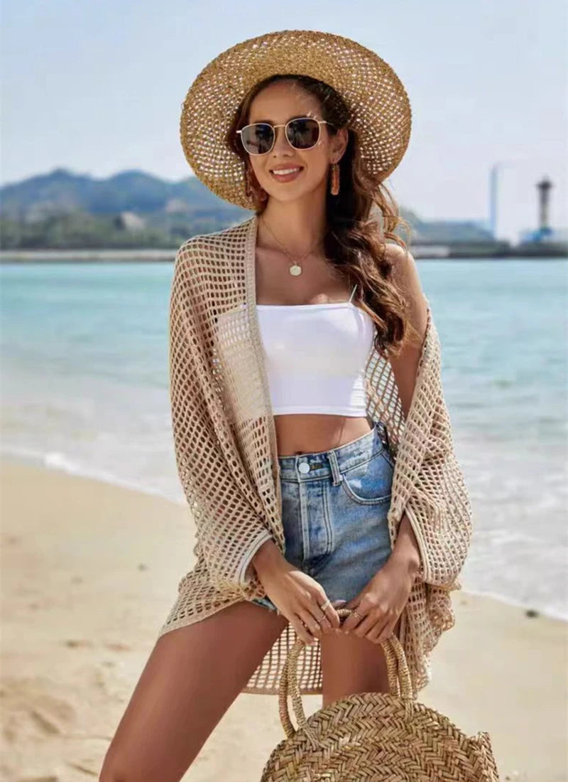 Openwork Open Front Longline Cover Up Crochet Knit Cardigan Sweater for Women Summer Vacation Beach Outfit - Matrix Studios