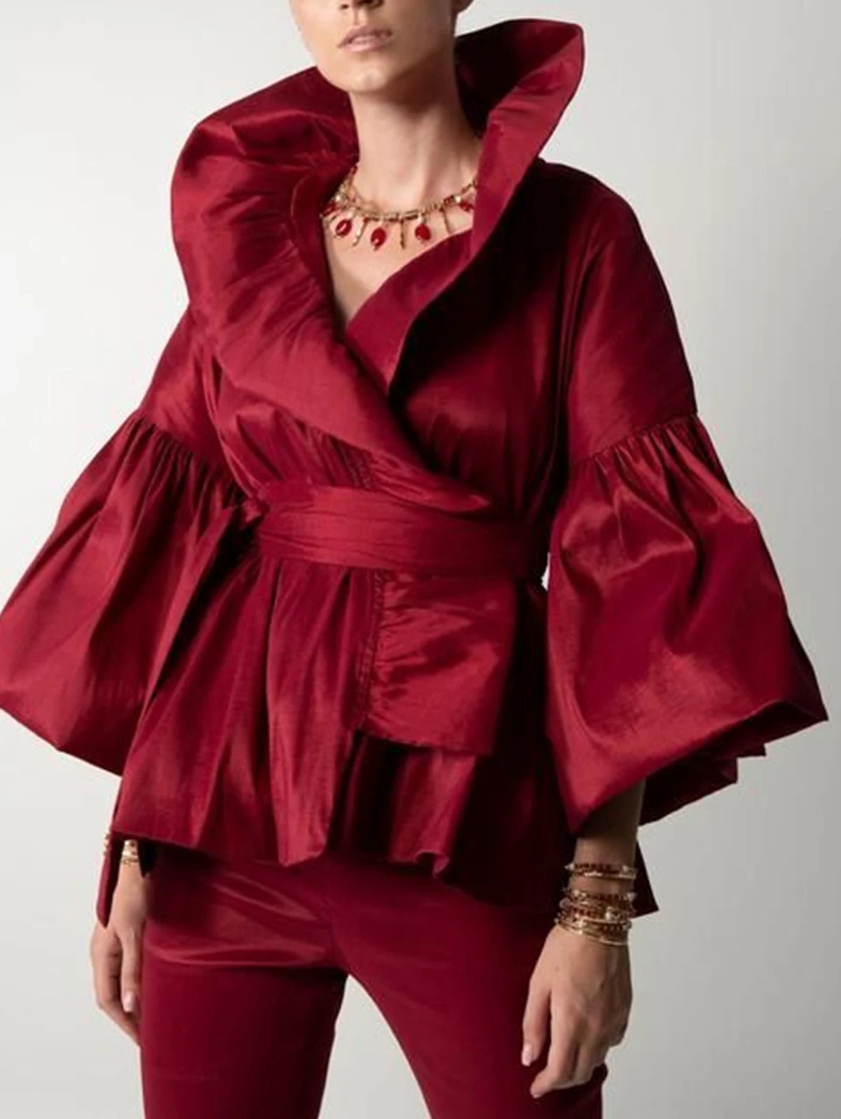 Casual Puff Long Sleeve Ruffles Blouse Office Lady Solid Color Women Wrap Shirts Lapel Collar Elegant Shirt Woman Fashion Female - Matrix-studios.com