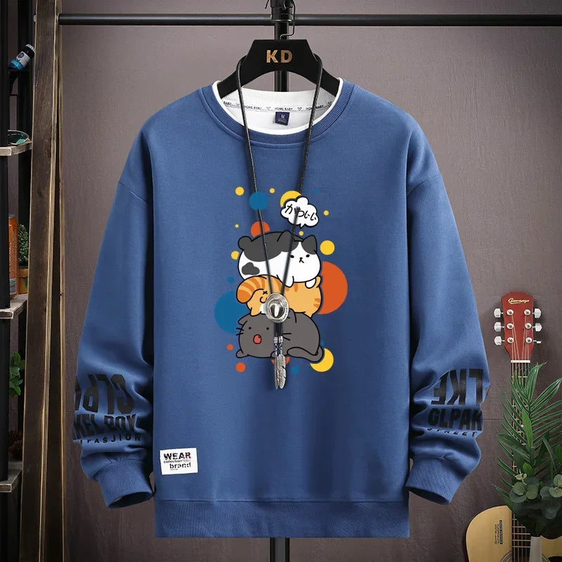 Spring Men's Sweatshirt Japan Cartoon Cats Printed Long Sleeve T-shirt Fashion Men's Clothing Khaki O Neck Harajuku Top 2024 New - Matrix Studios
