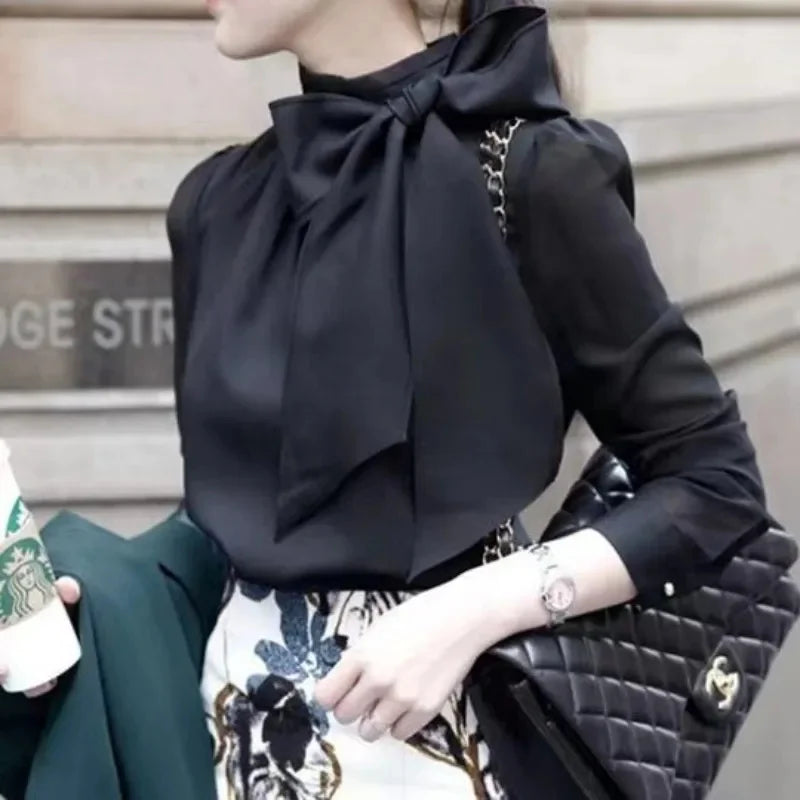 Women Spring Summer Style Chiffon Blouses Shirts Lady Casaul Long Sleeve White Black Bow Tie Collar Blusas Tops - Matrix-studios.com