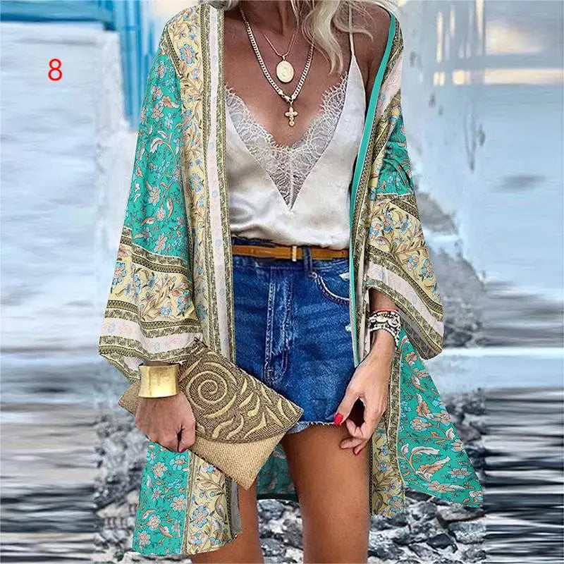 WeHello 2023 Summer Bohemian Casual Cloak Cardigan for Swimsuit woman Beach Swimwear Tops Long Sleeved Shawl Chiffon Shirt - Matrix Studios
